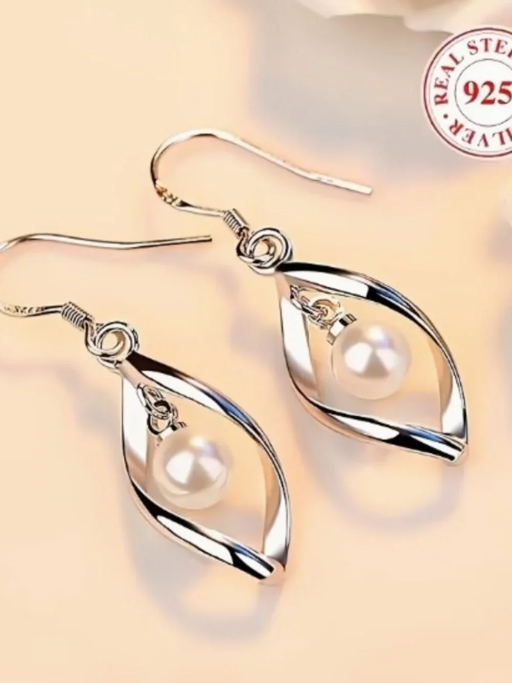 925 Sterling Silver Rhombus Dangle Earrings with Imitation Pearls Hypoallergenic